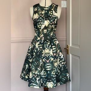 H&M Fit and Flare Green Tropical Print Racerback Prom Cocktail Dress, Size 6